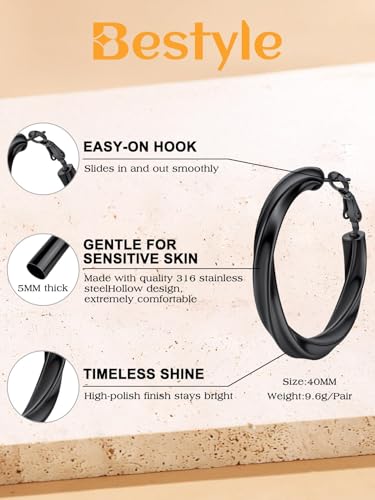 Bestyle 5mm Thick Gold Hoop Earrings Hypoallergenic Hoops for Sensitive Ears Trendy Lightweight Chunky Earrings for Women 30/40/60/80mm - color: 02-Black, size: 40mm
