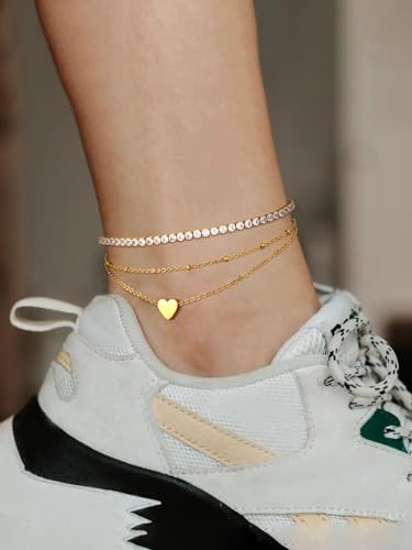 FindChic Black/Silver/Gold Plated Anklets Set of 2PCS/3PCS Herringbone Chain Cuban Link Heart Charm Sparkling Tennis Ankle Bracelets, Waterproof Summer Foot Jewelry for Beach - color: 05. Gold-2PCS Tennis & Beaded Heart