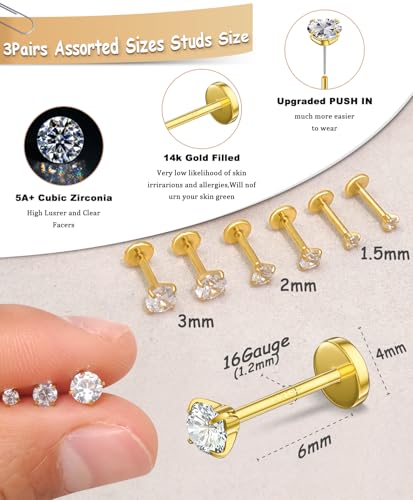 Small Cartilage Double/Triple-Hoop Helix Conch Piercing Earrings With Cubic Zirconia For Women Trendy 14K Gold Plated Titanium Surgical Stainless Steel Sets Nose Rings Hoops Septum Rings - color: 14K Gold, style: F-4Pairs-16Gauge-Triple CZ hoop