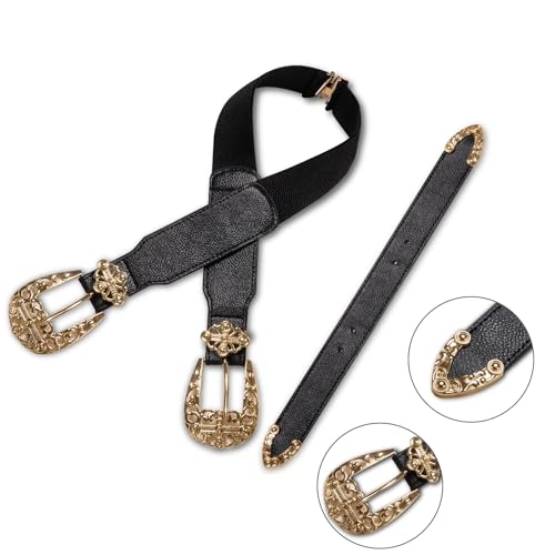 Dubulle Womens Belt Chain Leather Belts Vintage Western Adjustable Elastic Double Buckle for Cowboy Pant Dress - color: Gold Black Chain