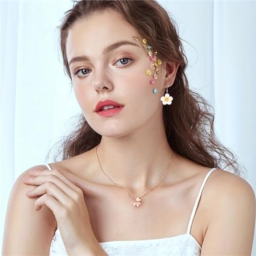 Dreuyet Colorful Plumeria Rubra Necklace Earrings Set for Women Elegant Hawaiian Style Flower Necklaces Bohemia Tropical Flower Dangle Earrings Luau Beach Party Accessories - color: white