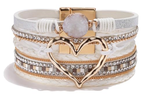 Long tiantian Leather Bracelets for Women Warp Bracelet Stackable Boho Layered Bracelet Chunky Heart Trendy Birthday Gifts for Her - color: A7:Bracelet for Women(White)