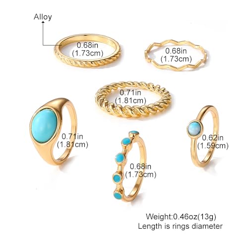 Bohemian Turquoise Ring for Women Chunky Gold Flower Statement Rings Vintage Round Turquoises Stackable Knuckle Ring Set for Women Western Jewelry - style: Turquoise ring-6Pcs
