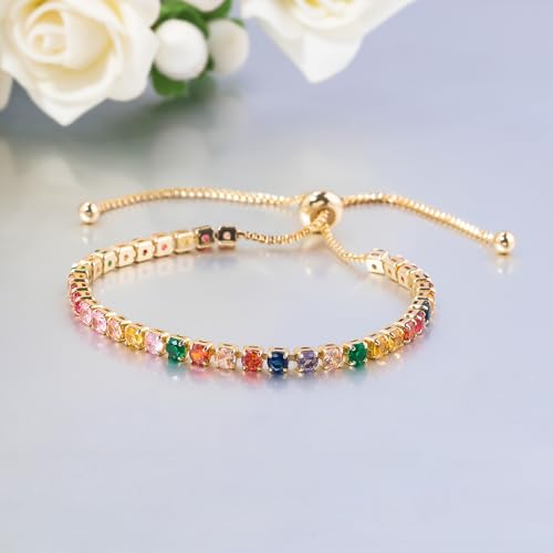 CiNily Adjustable Tennis Bracelets for Women Teen Girls Rainbow Cubic Zirconia Bracelet 14K White Gold Plated Hypoallergenic Slider Bracelet Jewelry Gift - color: Adjustable-Round Yellow Gold