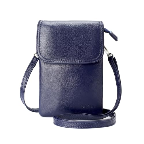 befen Genuine Leather Small Crossbody Bags for Women Cell Phone Bag Cross Body Purses,Silver Zipper - color: Navy Blue