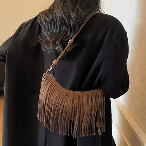 Women's Vegan Suede Fringe Crossbody Bag, Boho Crescent Shoulder Crossbody Purse, Retro Tassel Hippie Small Handbag Tote - color: Coffee