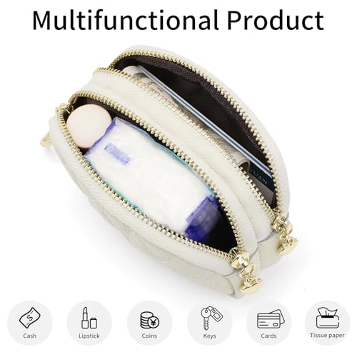 SENDEFN Women's Coin Purse Genuine Leather Wallet Small 2 Zippers Change Pouch Purse with Keychain Ring - color: 2-Beige