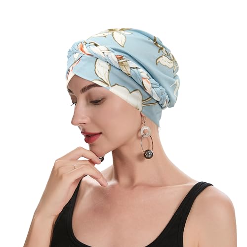 ZLYC Chemo Headwear for Women Pre Tied Turban Headwear Lightweight Beanie Hat - color: Braid Floral Light Blue