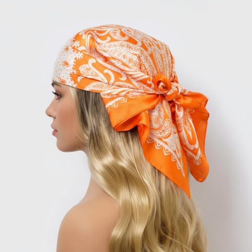 CHUNG Women's Scarf Hair Bandanas Square 27.5" Satin Wrap Fashion Pattern Scarves Emulation Silk Handbag Ribbons Necktie - color: Orange Paisley