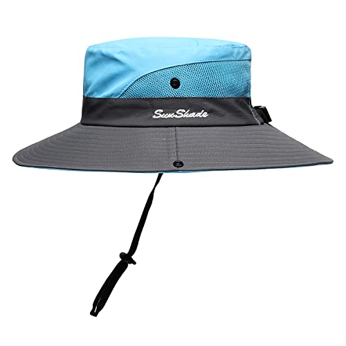 Womens Summer Sun Hat Beach Hat Wide Brim Outdoor UV Protection Hat Foldable Cool Mesh Ponytail Bucket Hat - color: Sky Blue-gray