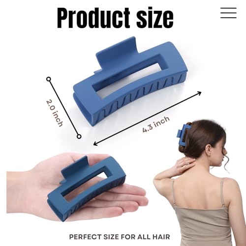12 Pcs Blue Large Square Hair Claw Clips for Women, 4.3-Inch Matte Rectangle Claw, Strong Hold Non-slip Hair Clips for Thick & Thin Hair - color: Blue