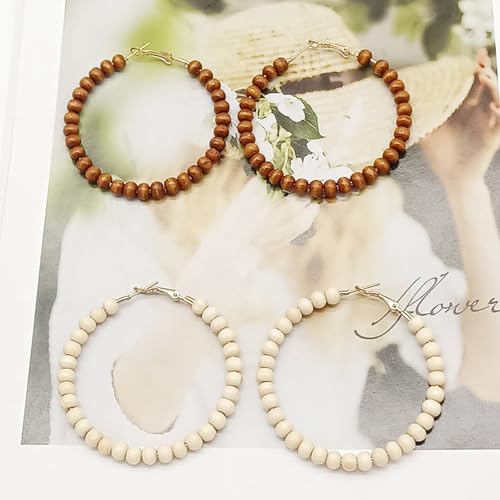 Bohemian Colorful Acrylic Resin Matte Beads Round Circle Hoop Drop Dangle Minimalist Chic Lightweight Earrings for Women Boho Geometric Beaded Statement Jewelry - color: beige