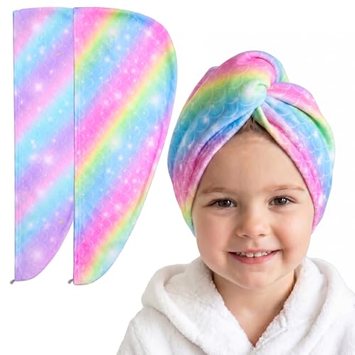 Basumee Microfiber Hair Towel Wrap for Kids 2 Pack Rapid Drying Hair Towel with Button Hair Turbans for Wet Hair Wraps Head Towel Wrap for Women and Girls, Rainbow - color: Rainbow