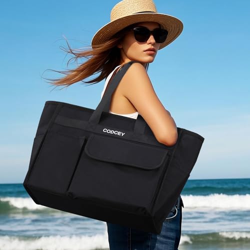 Large Utility Tote Bag with Reinforced Bottom, Waterproof Multi Pockets Beach Tote Bag for Travel, Work, School - color: Black