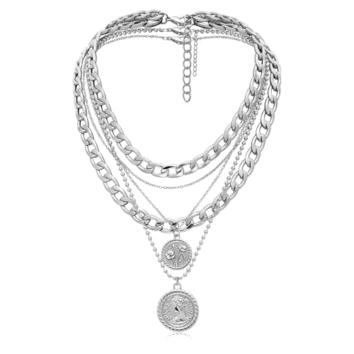 MJartoria Gold Layered Necklaces for Women Trendy Retro Birthflower Coin Pendant Necklace Dainty Chunky Chain Choker Necklaces for Jewelry Birthday Gifts - color: Silvery, style: August Birthflower