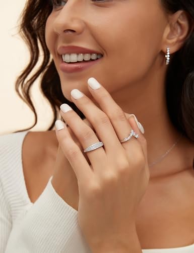 Mameloly Wedding Bands for Women Curved Marquise & Round 14K Gold Plated Dainty Stackable Cubic Zirconia CZ V Shaped Engagement Rings for Her Size 3-12 - color: Silver