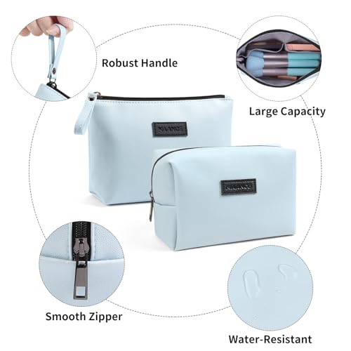 MAANGE Cosmetic Bags for Women Small Makeup Bag for Purse Pu Leather Makeup Pouch Travel Makeup Bag with Zipper Make Up Bag for Travelling - color: 2PCS Blue