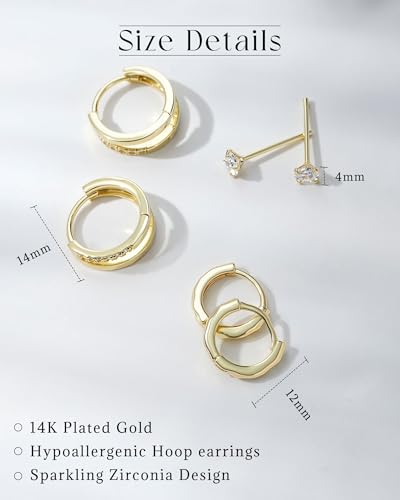 3 PairsTrendy Dainty Set Earrings- 14K Gold Plated Hoop Earrings for Women, Hypoallergenic Lightweight Stackable Jewelry Gift for Multiple Piercings - color: Three circles diamond