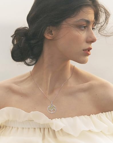 Tree of Life Necklace for Women - Solid 925 Sterling Silver 18K White Gold Plated Birthstone Pendant Jewelry - color: 11-Nov_Topaz