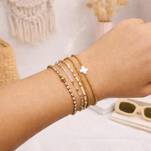 Gold Beaded Cross Bracelet for Women, 14K Plated Adjustable Stackable Dainty Bracelets, Non Tarnish Fashion Jewelry Set Gifts for Women Birthday Friendship - color: Colors-8