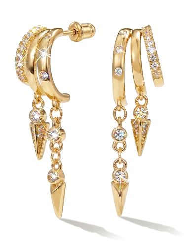 MUMREUES Gold Earrings for Women Trendy 14K Gold Plated Dangle Earrings Small Hoop Huggie Drop Stud Earrings Cubic Zirconia Simple Minimalist Dainty Chain Tassel Hypoallergenic Earrings - color: CZ Tassel & Gold