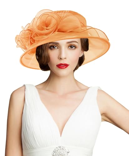 Women's Kentucky Derby Church Dress Hat Wide Brim Leaf Flower Bridal Shower Hat - color: A12-golden Orange