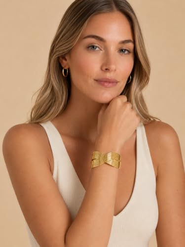 Gold Cuff Bracelets for Women, 14K Gold Plated Open Cuff Bangle Bracelet with CZ Pave, Minimalist Stackable Chunky Gold Bracelet for Women - color: Gold Wide Crossover Cuff