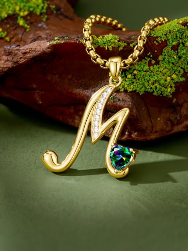 Birthday Gifts for Women 18k Gold Initial Necklaces for Women Simple Alphabets Letters with Birthstone Pendants Name Jewelry Anniversary Wedding Gifts for Sister Daughter Her (with Gift Box) - color: 06-Jun-Alexandrite, style: Letter M