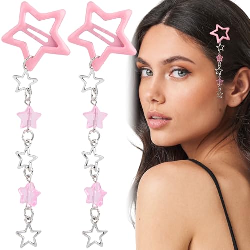 Pndeyo 2pcs Star Tassels Hair Clips for Women, Non-Slip 2000s Y2k Snap Barrettes, Cute Star Beaded Pendant Pin Accessories for Braid Long Short Thin Thick Hair - Pink - color: Pink-A Style