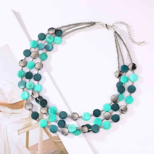 Noessla Layered Beaded Chunky Necklace for Women Boho Two-color Shell Statement Necklace Fashion Collar Costume Jewelry Gifts for Mum - color: Green