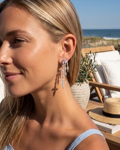 MUMREUES Gold Earrings for Women Trendy 14K Gold Plated Dangle Earrings Small Hoop Huggie Drop Stud Earrings Cubic Zirconia Simple Minimalist Dainty Chain Tassel Hypoallergenic Earrings - color: Cross & Silver