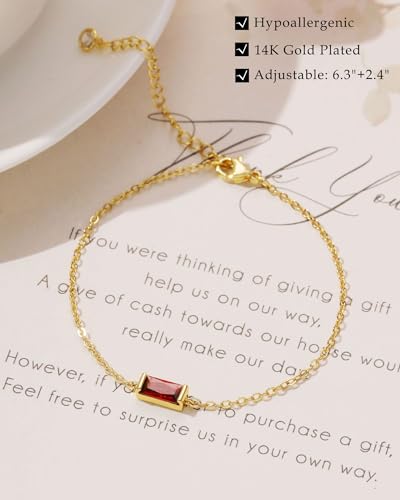 FUNEIA Birthstone Gold Bracelets for Women Non Tarnish Trendy Dainty 14K Gold Plated Bracelet Stack Stackable Blue Green May Emerald Friendship Bracelets Jewelry Gifts for Mom Best Friend - color: 01. January(Garnet)