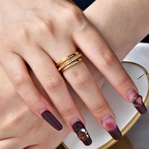 Gold/Silver Interlocked Rings For Women Dainty Stainless Steel Cubic Zirconia Stackable Statement Rings Two-toned Connected Bands Rings Non Tarnish (size 6-10) - color: CZ-Gold triple ring