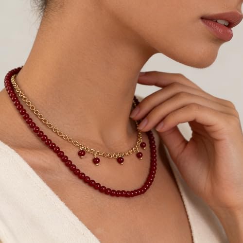 Red Beaded Necklace for Women Choker Gold Toggle Clasp Layered Stack Dainty Statement Western Boho Trendy Summer Vacation Necklaces Birthday Jewelry Gifts - color: B3:Red Beaded Necklace