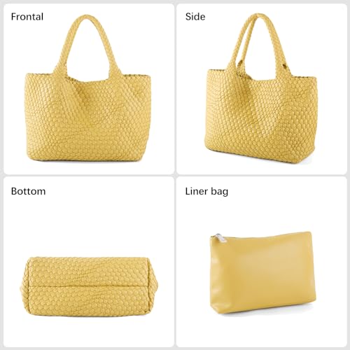 Woven Tote Bag Womens Purse Vegan Leather Shoulder Handbags Fashion Summer Beach Tote Bags Large Travel Totes - color: Yellow