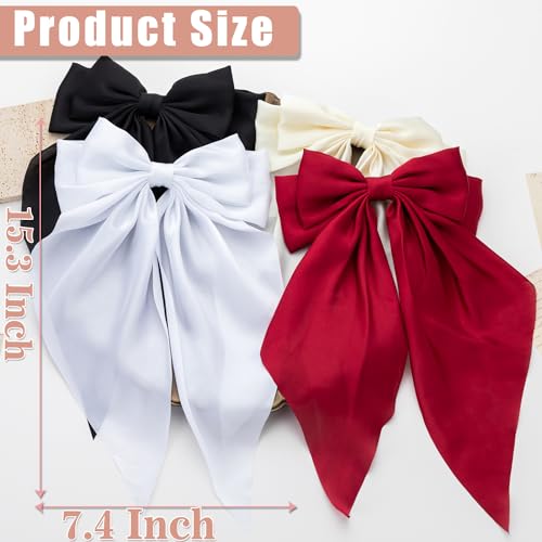 Hair Bows 4 PCS, Hair Bows for Women, Hair Ribbons, Oversized Long-tail Cute Aesthetic Hair Accessories, Large Hair Barrettes for Women, Bows for Girls (Wine red, off white, black, white)