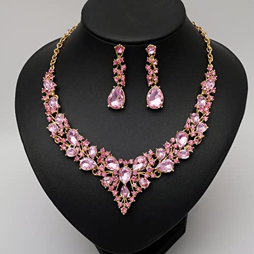 CSY 4 Pcs/Set Austrian Crystal Necklace Earrings Bracelet Ring Bridal Jewelry Sets for Brides Wedding Party Costume Accessories Gifts for Women - color: 02-gold plated-pink