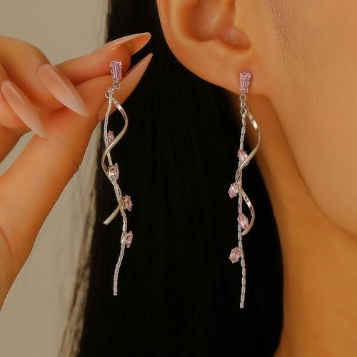 Temperament Long Zircon Tassel Earrings for Women Charm Jewelry Sparkling Crystal Leaves Twist Dangle Earrings for Friends - color: Silver-Pink Leaves