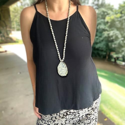 Long Genuine Stone beads and Pendant Necklace for Woman. Hand Knotted natural stone beads with big non-precious stone statement necklace. HANDMADE Boho Jewelry for women. - color: Spotted black and beige