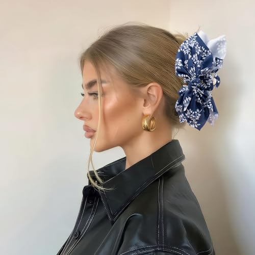 Bow Claw Clips Bow Hair Clips Blue White 3PCS Big Hair Bows for Women Butterfly Styling Large Hair Clips for Thick Hair for Girls Hair Accessories for Teen - color: 3PC-White Paisley+Blue Floral+White Floral