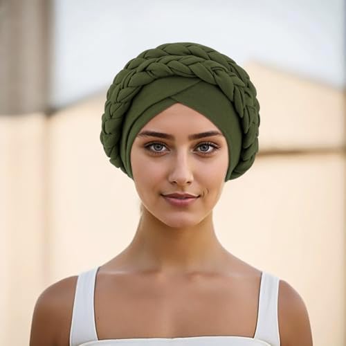 African Women Turban Caps Beanie Pre-Tied Twisted Braids Headwraps for Women Head Scarf Chemo Cancer Headwear Cap - color: 3 Pack Twisted Braid: Olive Green/Dark Grey/Black