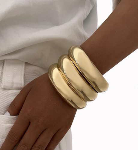 Chunky Gold Bangle Bracelets for Women, Dainty 14k Gold Plated Big Stackable Bangles Set, Trendy Cuff Bracelet Stack Fashion Jewelry Gifts - style: A2-gold