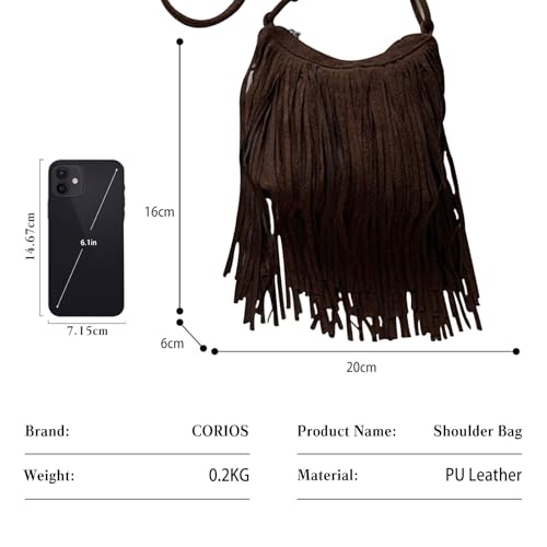 CORIOS Women's PU Leather Shoulder Bag Bohemian Fringe Crossbody Bag for Women Stylish Tassel Design Tote Handbag - color: Brown