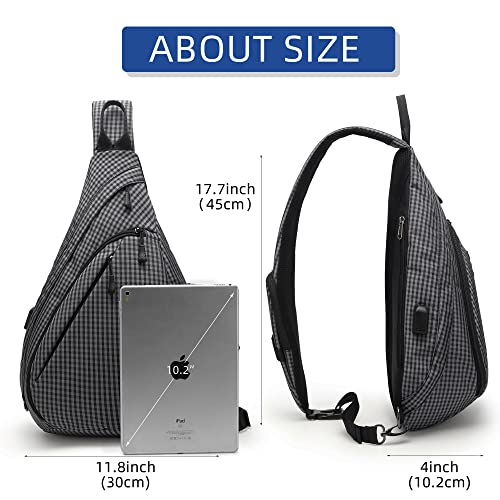 TurnWay Water-Proof Sling bag/Crossbody Backpack/Shoulder Bag with USB Charging Port for Travel, Hiking, Cycling, Camping - color: Grey Grid