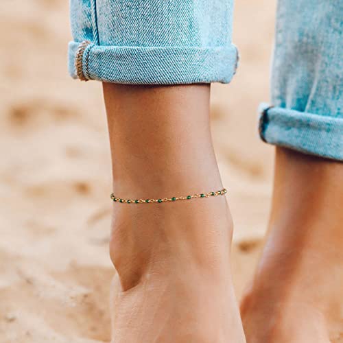 MTMY Gold Anklets for Women 14K Gold Plated Tiny Bead Anklet Colorful Tassel Foot Chain Dainty Adjustable Cute Summer Beach Boho Anklets Jewelry Gift - style: crystal-green
