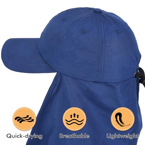 Tirrinia Wide Brim Sun Hat with Neck Flap for Men & Women, Breathable Hiking Fishing Safari Hat, Outdoor UV Protection Cap - color: Navy