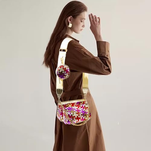 Handmade Woven Small Crossbody Bag for Women with Coin Purse, Designer Shoulder Handbag 3pcs Set, Mini Tote Clutch - color: Rose Multicolor