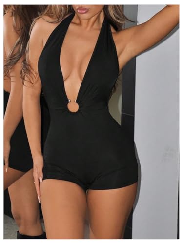 Milumia Women's Sexy Deep V Neck Sleeveless Romper Ring Decro Backless Halter Unitard Jumpsuit Party Outfits - color: Black, size: Small
