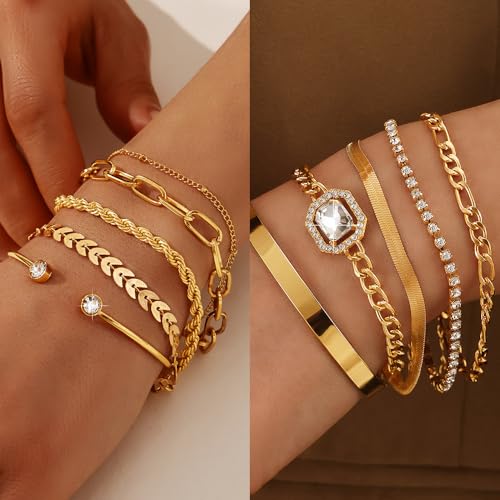 KISS WIFE Golden Jewelry Set for Women with Multi Layered Necklaces, Stackable Bracelets, Knuckle Rings, Hoop Earrings, Fashion Outfit Accessories Jewelry Packs Gifts for Women - style: Style 2