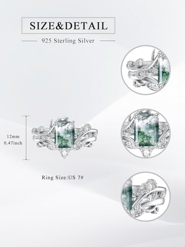 Natural Moss Agate Ring for Women 925 Sterling Silver Pear/Oval/Kite/Heart/Hexagon/Emerald/Coffin Cut Green Leaf Moss Agate Engagement Ring Promise Bridal Set Anniversary Birthday Jewelry Gifts - color: Emerald Cut Moss Agate